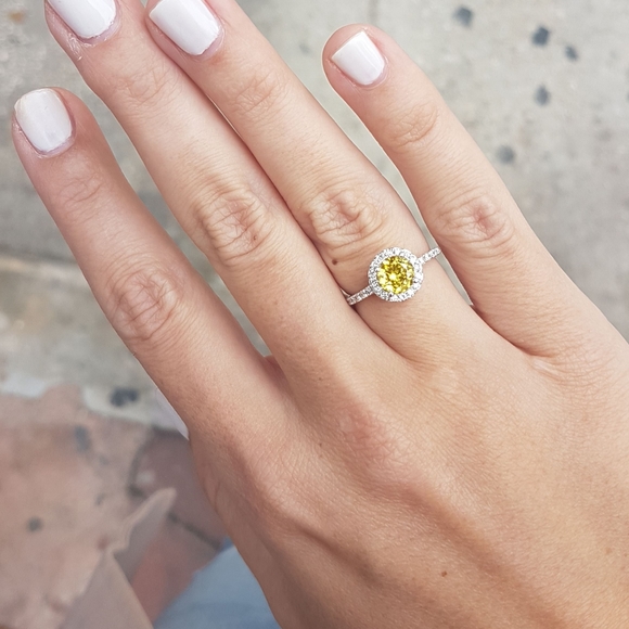 Halo Diamond Engagement Ring Fancy Yellow Round Shape 1.41 TCW 14K White Gold - Picture 11 of 11